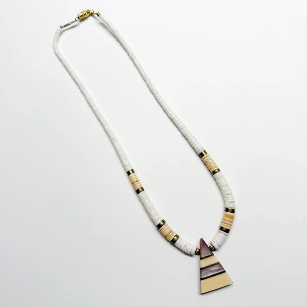 Vintage Puka Shell Abalone Inlay Triangle Pendant Necklace